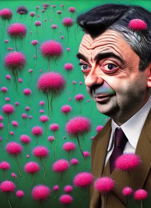 Prompt: hyper detailed 3d render like a Oil painting muted colors - slightly silly portrait of Rowan Atkinson as Mr. Bean in Aurora seen Eating of the Strangling network of yellowcake aerochrome and milky Fruit and Her delicate Hands hold of gossamer polyp blossoms bring iridescent fungal flowers whose spores black the foolish stars by Jacek Yerka, Mariusz Lewandowski, Houdini algorithmic generative render, Abstract brush strokes, Masterpiece, Edward Hopper and James Gilleard, Zdzislaw Beksinski, Nicoletta Ceccoli, Wolfgang Lettl, hints of Yayoi Kasuma, octane render, 8k
