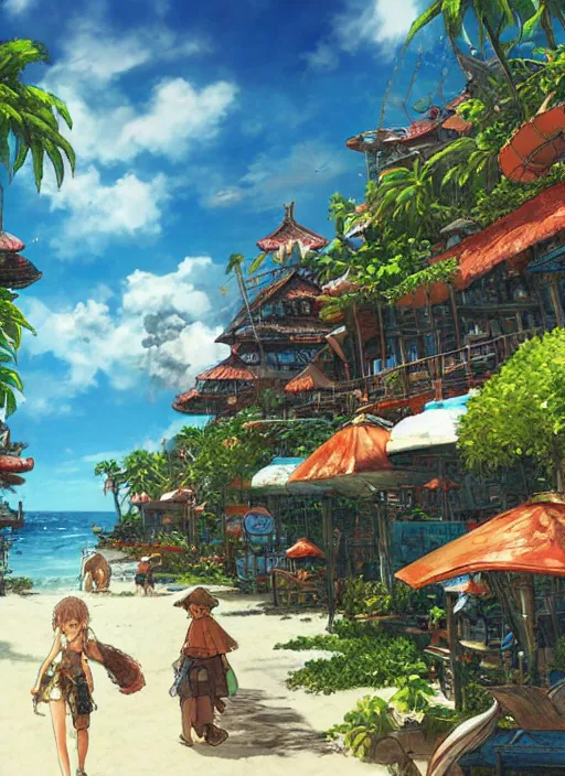 Image similar to Fantasy tropical port town view from the beach. hidari, color page, tankoban, 4K, tone mapping, Akihiko Yoshida.
