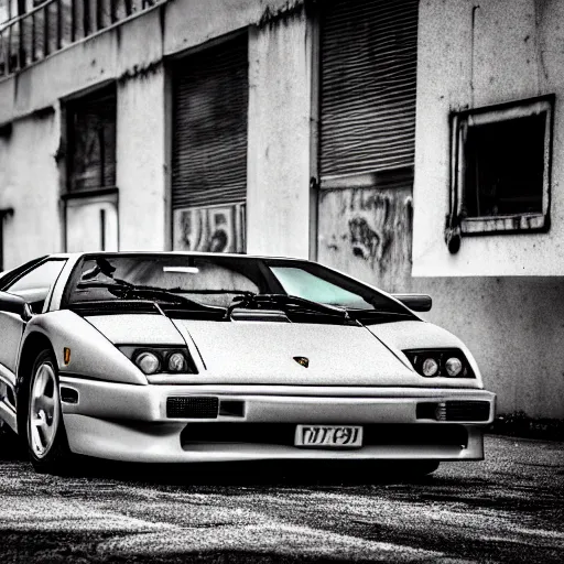 Image similar to black and white press photograph of a rusted abandoned lamborghini diablo on an empty abandoned city street, full view, detailed, natural light, mist, film grain, soft vignette, sigma 5 0 mm f / 1. 4 1 / 1 0 sec shutter, imax 7 0 mm footage