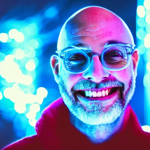 Prompt: handsome bald man smiling, dark room, blue and pink neon lights