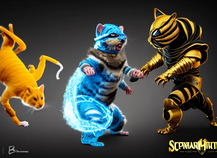 Image similar to hamster dressed as sub zero fights a cat dressed as scorpion in mortal kombat on the background of a laughing shao khan. fantasy magic style. highly detailed 8 k. intricate. lifelike. soft light. sony a 7 r iv 5 5 mm. unreal engine with nanite and path tracing