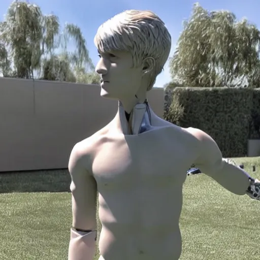 Image similar to a realistic detailed photo of a guy who is an attractive humanoid who is half robot and half humanoid, who is a male android, soccer player martin ødegaard, shiny skin, posing like a statue, blank stare, by the pool, on display, showing off his muscles, humanoid robot, frozen ice statue