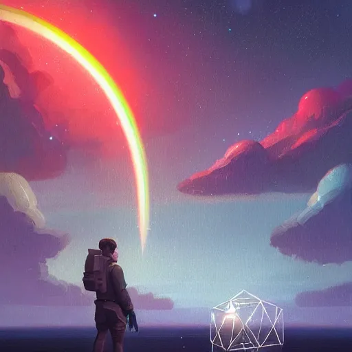 Image similar to greg rutkowski, beeple, a painting by ralph mcquarrie of floating molecules and icosahedron with stars, clouds, and rainbows in the background, trending on artstation, masterpiece, incredible details