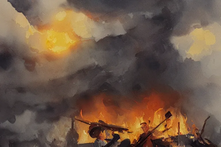 Image similar to small centered on white watercolor paper, paint brush strokes, abstract watercolor painting of scandinavian smoking bonfire, smoke, nightfall sharp light, cinematic light, american romanticism by hans dahl, by jesper ejsing, by anders zorn, by greg rutkowski, by greg manchess, by tyler edlin