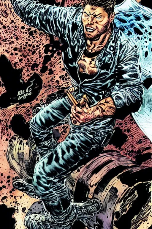 Prompt: A full body portrait of Jensen Ackles as a new antihero character with an angry face art by Marc Silvestri and Jim Lee, detailed, mysterious