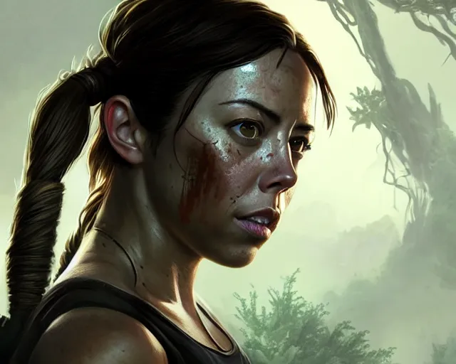 Image similar to a gaming screenshot still portrait of aubrey plaza in tomb raider, deep focus, d & d, fantasy, intricate, elegant, highly detailed, digital painting, artstation, concept art, matte, sharp focus, illustration, dark fantasy style art, hearthstone, art by artgerm and greg rutkowski and alphonse mucha