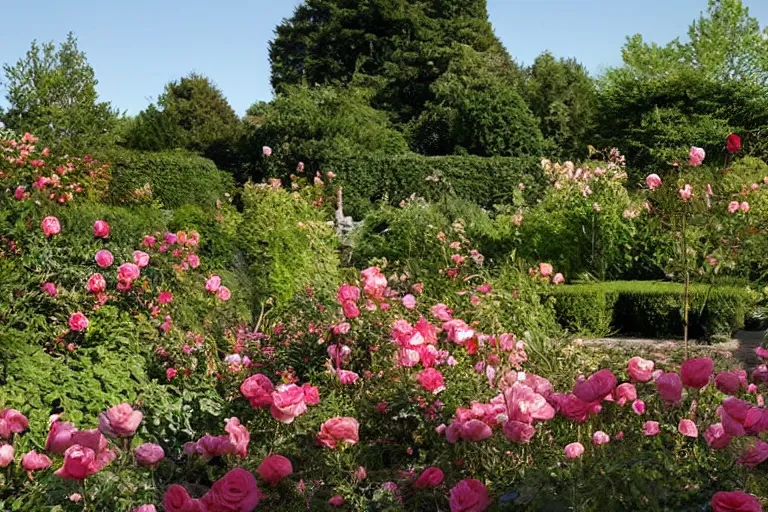 Prompt: rose garden in the morning sun, garden design, award winning by henrietta rae and raphael and moebius