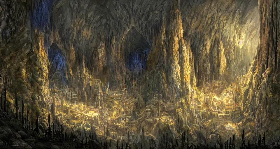 Image similar to Masterfully painted mspaint art piece of underground middle-earth's 'Mines of Moria' painted by Makoto Shinkai and Studio Ghibli. Closeup zoomed view of the architecture within the caverns. View from underground within ancient dwarven mining equipment and architecture. Amazing beautiful incredible wow awe-inspiring fantastic masterpiece gorgeous fascinating glorious great.