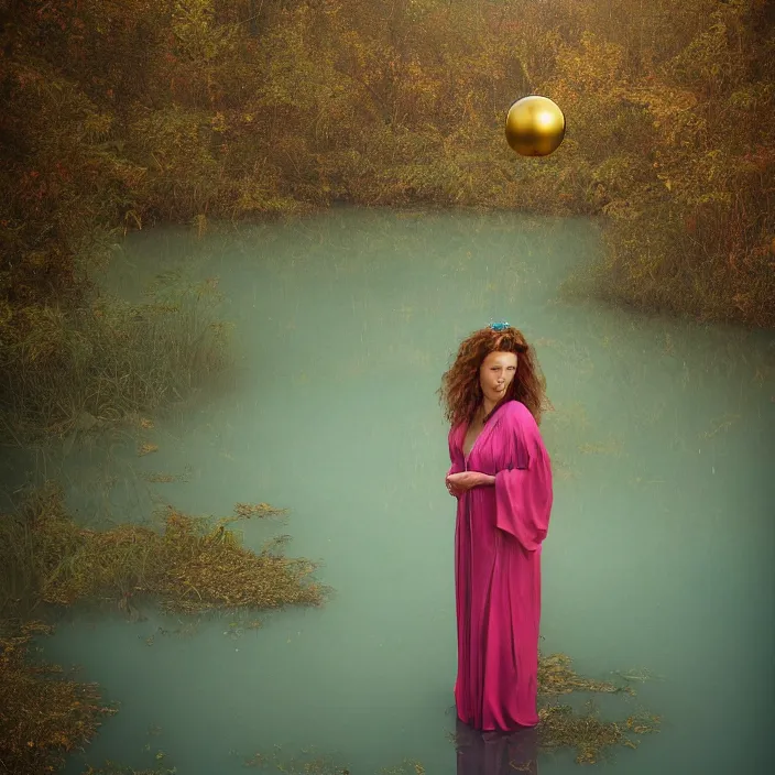 Image similar to a color photograph, closeup portrait of a woman wrapped in gold, standing next to a levitating turquoise orb, in a foggy lake, color photograph, by vincent desiderio, canon eos c 3 0 0, ƒ 1. 8, 3 5 mm, 8 k, medium - format print