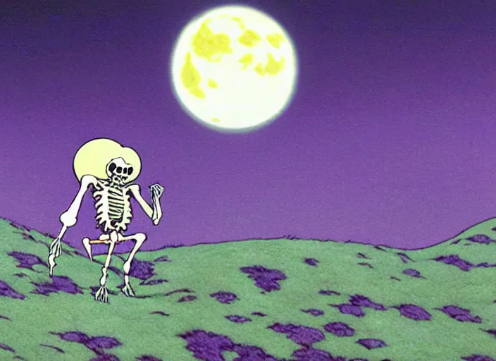 Prompt: a still from a studio ghibli movie of a purple cloaked skeleton necromancer from moomin ( 1 9 9 7 ), in front of a pale full moon, full body, wide shot, very dull muted colors, studio ghibli, highly detailed, deviantart, art by artgem