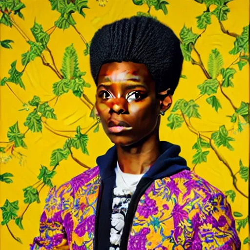 Image similar to A portrait of a scrawny stylish and beautiful non-binary person, oil painting by Kehinde Wiley, majestic, detailed, high resolution