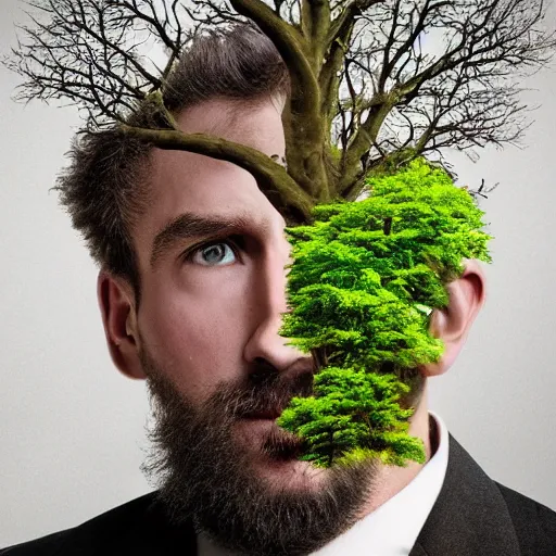 Image similar to a man with a tree growing in his head.