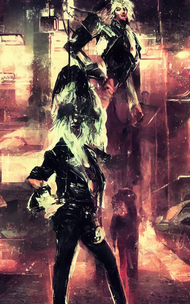 Image similar to concept art, character design, glam rocker, standing on a wet helsinki street at night, in the style of syd mead and liam wong