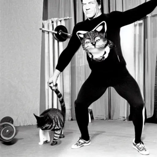 Prompt: Arnold Schwarzenegger weight lifting while wearing a cat costumes