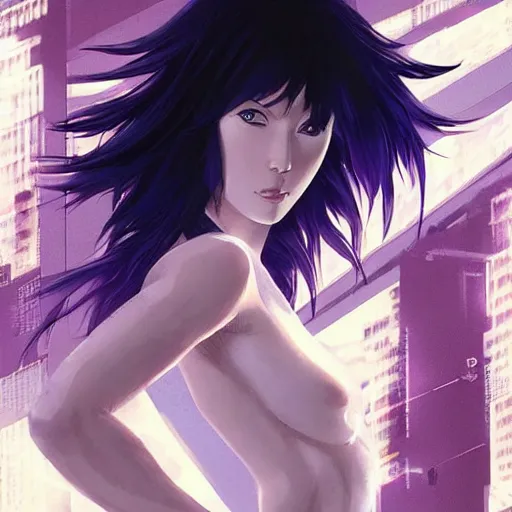 Image similar to motoko kusanagi from ghost in the shell, getting ready to fight, heroic pose, urban motifs, intricate, elegant, highly detailed, digital painting, trending on artstation, concept art, smooth sharp focus, illustration, art by artgerm and greg rutkowski