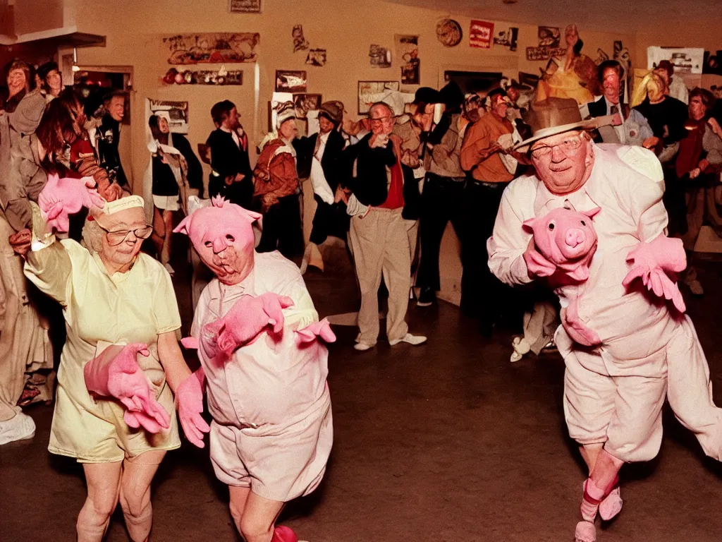 Image similar to a couple of grandparents of 1 0 0 years old wearing pig costume and dancing, extreme long shot, kodachrome, backlight, add a glow around subj. edge, in twin peaks, 1 9 9 0 s