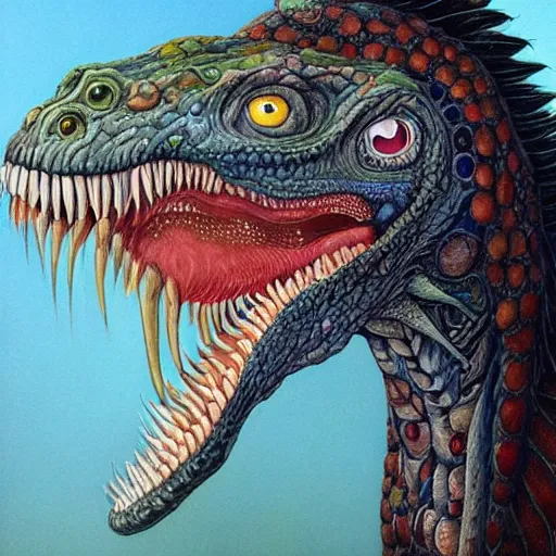 Image similar to portrait of surreal velociraptor, artwork by Daniel Merriam,