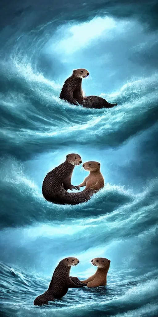 Image similar to An adorable Otter saving his wife from the whirlpool, in love holding hands side by side, in the middle of a super scary storm at sea, thunder, lightning, waves, fantasy illustration, cinematic, award winning, romantic, detailed trending on artstation, masterpiece