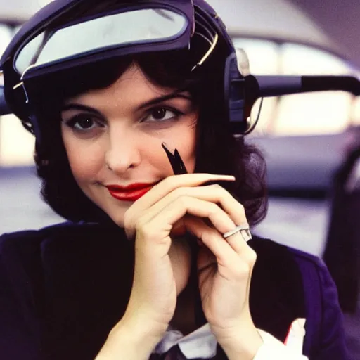 Prompt: a beautiful dark - haired girl piloting a concorde while smoking a gauloise 1 9 7 9 photo