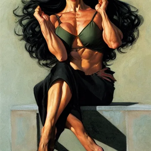 Prompt: woman with black hair, dressed all in black, showing the muscles of her arms, by donato giancola, alex ross, and berthold woltze.