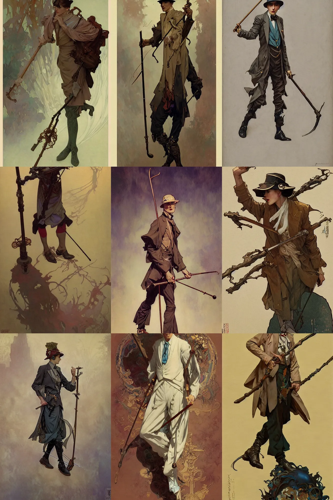 Prompt: young male with walking stick, 1 9 2 0 s fashion, fantasy, art by joseph leyendecker, peter mohrbacher, ruan jia, marc simonetti, ayami kojima, alphonse mucha, cedric peyravernay, tom bagshaw, victo ngai