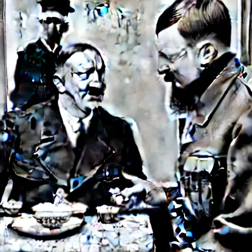 Image similar to a photo of hitler take tea with a muslim, photorealistic, realism, black and white