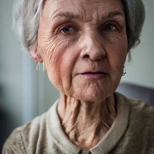 Prompt: Millie Bobby Brown as an old lady, XF IQ4, 150MP, 50mm, F1.4, ISO 200, 1/160s, natural light