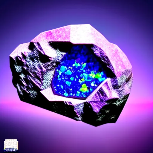 Prompt: a rare mineral rock, in a dark studio room, vaporwave theme. Microscopic view. Tanzanite, Opal, Kunzite. in the style of artgerm.