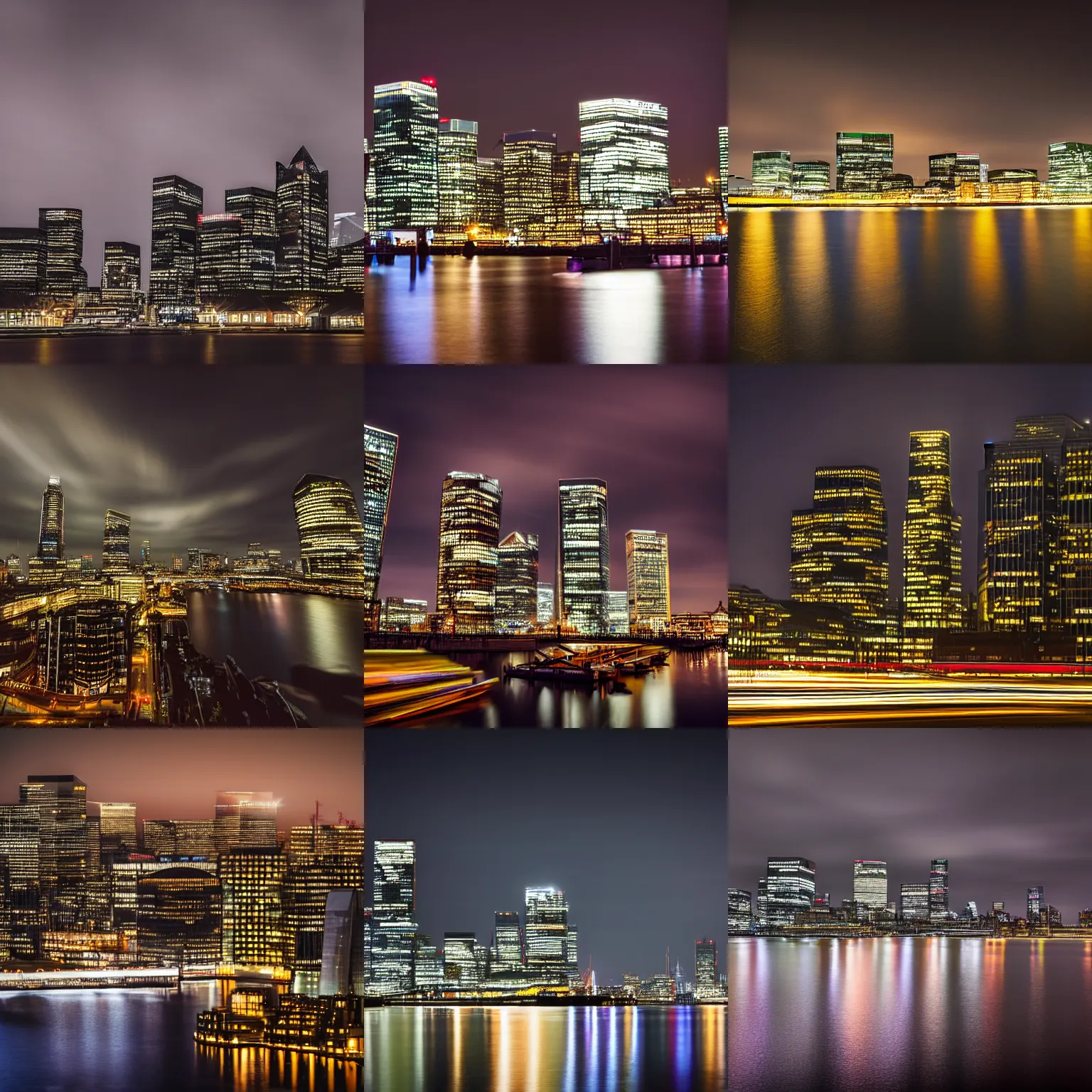 Prompt: high quality night photograph of Canary Wharf in London, dimly lit night clouds, night photography by a famous photographer, long exposure