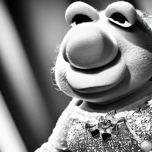 Image similar to professional black and white glamour shot photography of miss piggy, stunning, 4 k