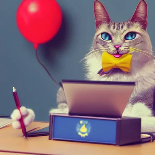 Image similar to a happy and contented cat wearing a business suit, sitting behind desk, selling insurance, disney character, cartoonish, colorful, detailed, claymation, dreamlike, felt, wes anderson