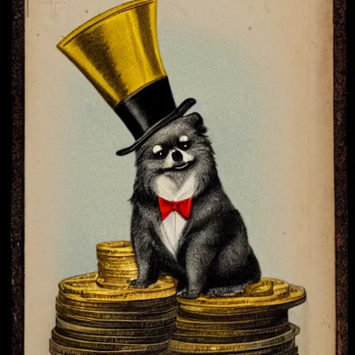 Image similar to A pomeranian wearing a top-hat and a monocle, sitting on top of a large pile of gold coins