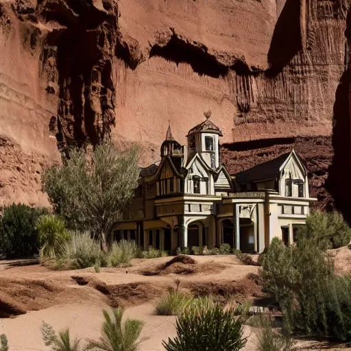 Image similar to a large, victorian mansion covered in sand in a canyon. surreal, dream like.