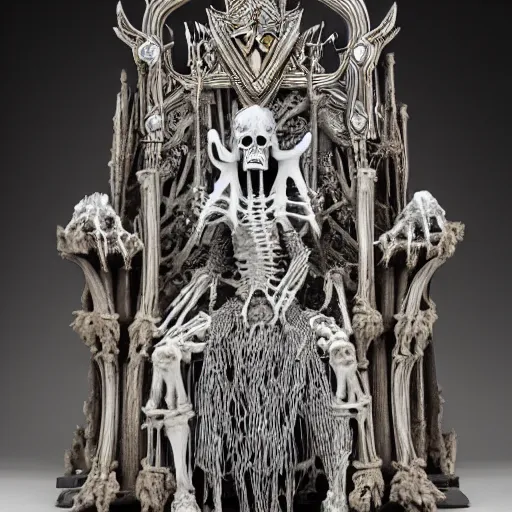 Image similar to A lich sitting on the throne made of bones, magical glow, intricate, sharp details, in the style of Kristian Wåhlin