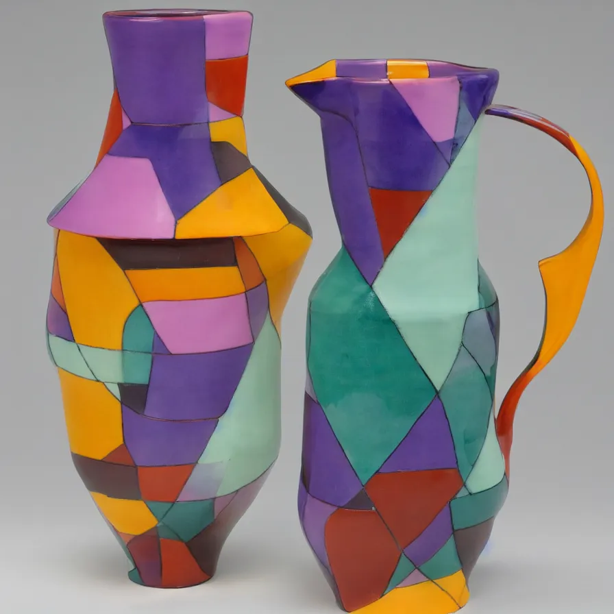 Prompt: beautiful ceramics studio photograph of a tall colorful geometric symmetrical fancy porcelain pitcher, glazed by paul klee and victor vasarely, placed on a polished wooden table, hyperrealism 8 k trending on artstation