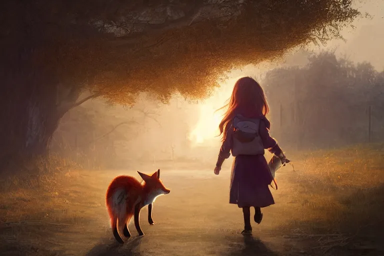 Image similar to a young girl walking to school with her pet fox, matte painting in the style of Greg Rutkowski, early morning light, sunrise, golden hour, trending on artstation