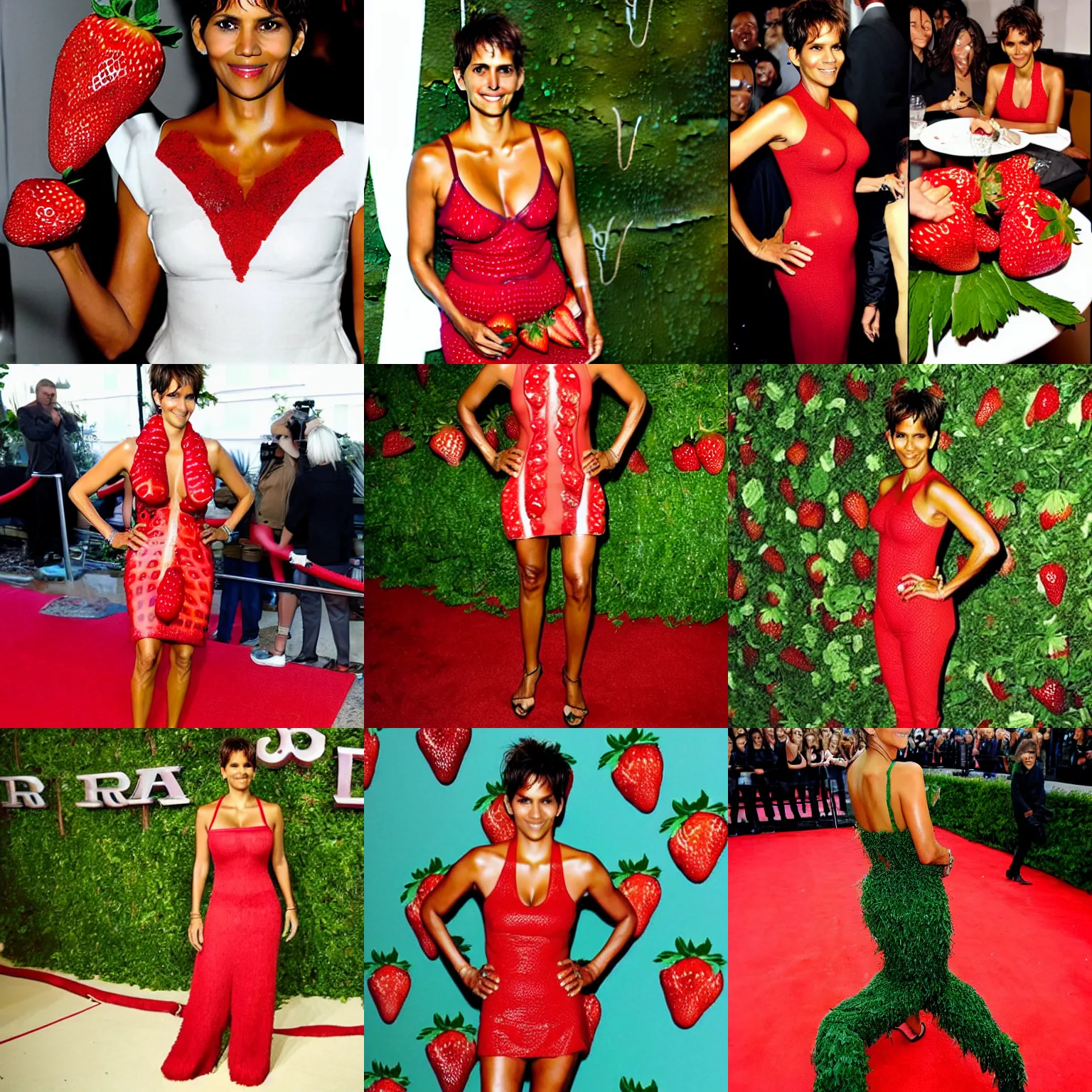 Prompt: halle berry wearing a strawberry costume, red carpet, food art, food photography