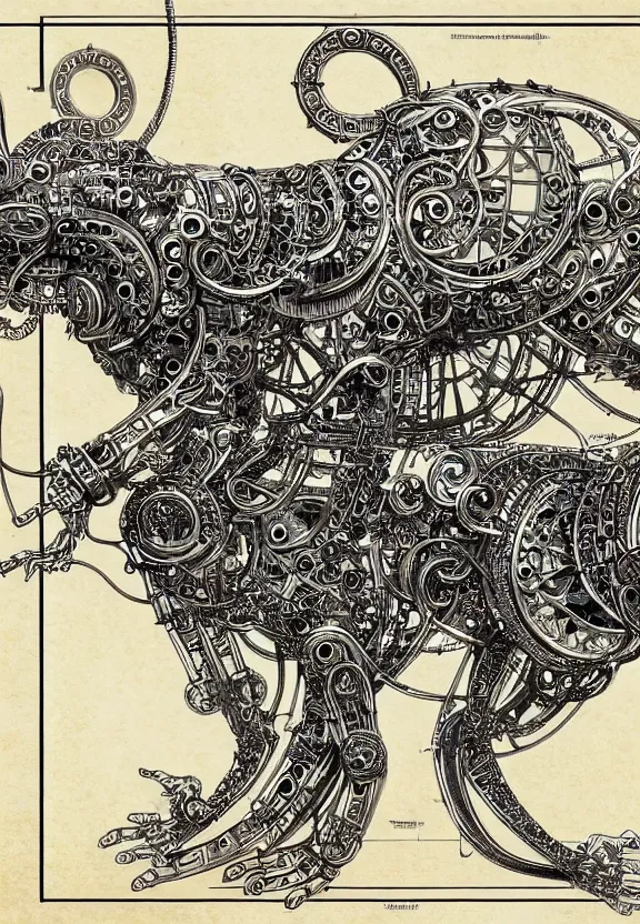 Image similar to schematic blueprint of highly detailed ornate filigreed convoluted ornamented elaborate cybernetic rat, art by da vinci