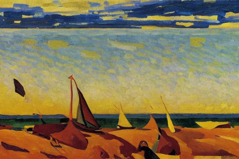 Image similar to A sprawling high resolution abstract landscape painting of the Chesapeake bay in the fall, bathed in golden light, peaceful, sailboats, birds in the distance, golden ratio, fauvisme, art du XIXe siècle, oil on canvas by André Derain, Albert Marquet, Auguste Herbin, Louis Valtat, Musée d'Orsay catalogue
