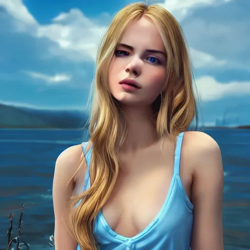 Image similar to a very beautiful russian girl, full body, long wavy blond hair, sky blue eyes, full round face, short smile, cute top, short jeans, summer lake setting, cinematic lightning, medium shot, mid-shot, highly detailed, trending on Artstation, Unreal Engine 4k, cinematic wallpaper by Stanley Artgerm Lau, WLOP, Rossdraws, James Jean, Andrei Riabovitchev, Marc Simonetti, and Sakimichan