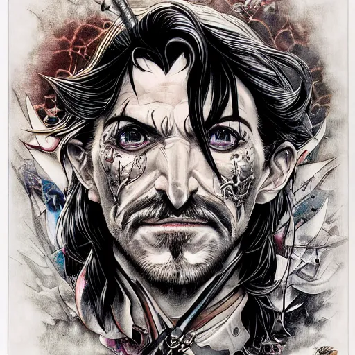 Prompt: portrait closeup of crazy captain hook, galleons around, symmetrical!!!, hyper detailed, by yoichi hatakenaka, masamune shirow, josan gonzales and dan mumford, ayami kojima, takato yamamoto, barclay shaw, karol bak, yukito kishiro