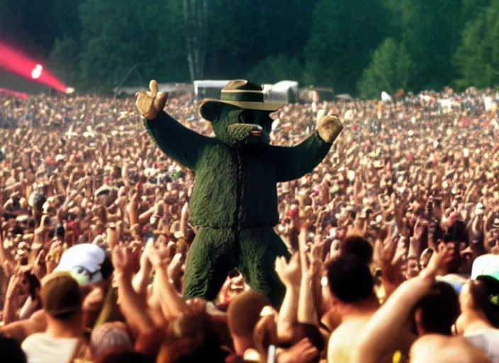 Image similar to photo still of smokey the bear amd fred durst on stage at woodstock 9 9!!!!!!!! at age 3 3 years old 3 3 years of age!!!!!!!! crowd surfing, 8 k, 8 5 mm f 1. 8, studio lighting, rim light, right side key light