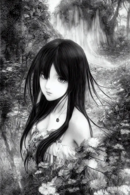 Image similar to a portrait of a character in a scenic environment by Yoshitaka Amano, black and white, dreamy, dark eyes, wavy long black hair, highly detailed