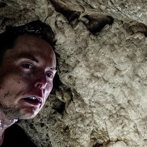 Image similar to photo inside a cavern of a wet reptilian humanoid rapper elon musk partially hidden behind a rock, with black eyes, open mouth and big teeth