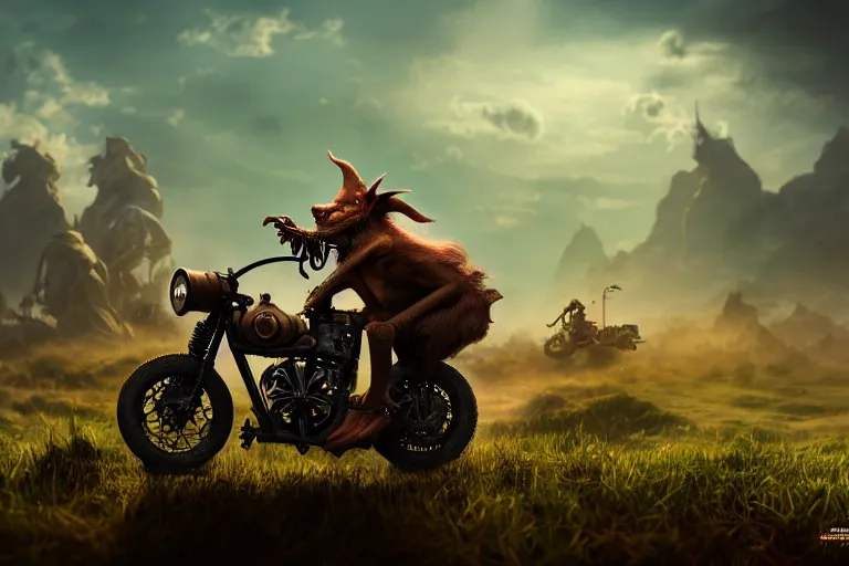 Image similar to A goblin riding a steampunk motorcycle on a dirt road in a meadow, volumetric light, studio lighting, hyperdetailed, artstation, cgsociety, 8k