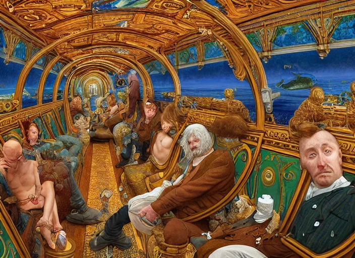 Image similar to incredibly beautiful breaktakingly detailed painting of the inside of the ornate underwater train to atlantis, various amazingly wonderful bizarre cool weird characters sat down, extreme closeup, by ford maddox brown and kilian eng and william powell frith and frederic leighton, ultra wide angle, 4 k