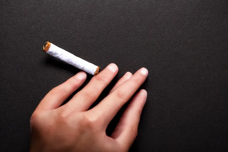 Image similar to cigarette in five fingers, thin soft hand holding cigarette, hyper realistic, natural