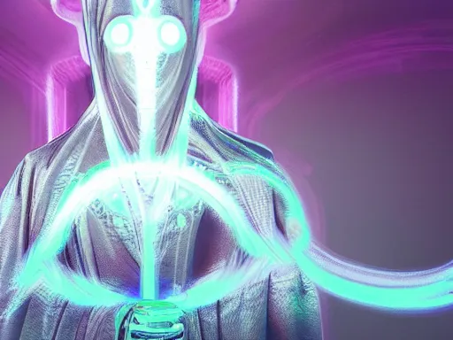 Image similar to a gray faceless figure, ascended, robot wizard, NPC with a saint\'s halo, saintly halo behind their head made of neon filigree, consulting the cyber oracle of all knowledge, at the end of time, in an esoteric ritual exchange of physical code, 8k, 4k, unreal 5, DAZ, trending on artstation, octane render, abstract painting, bright blue future