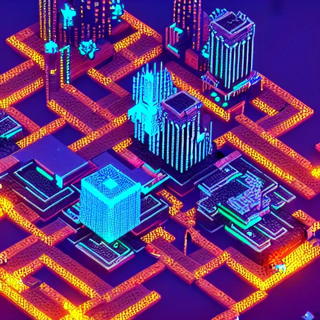 Prompt: voxel art of a cyberpunk blockchain city, chains connecting separate blocks, blockchain, symmetry, intricate, volumetric lighting, beautiful, rich deep colors masterpiece, sharp focus, ultra detailed, in the style of dan mumford and marc simonetti