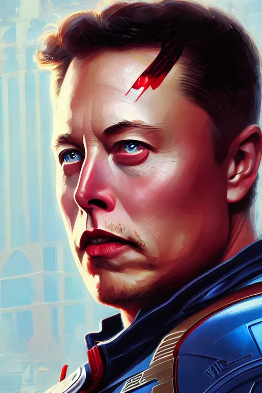 Image similar to elon musk as captain america, marvel character, portrait, highly detailed, digital painting, artstation, concept art, smooth, sharp focus, illustration, cinematic lighting, art by artgerm and greg rutkowski and alphonse mucha